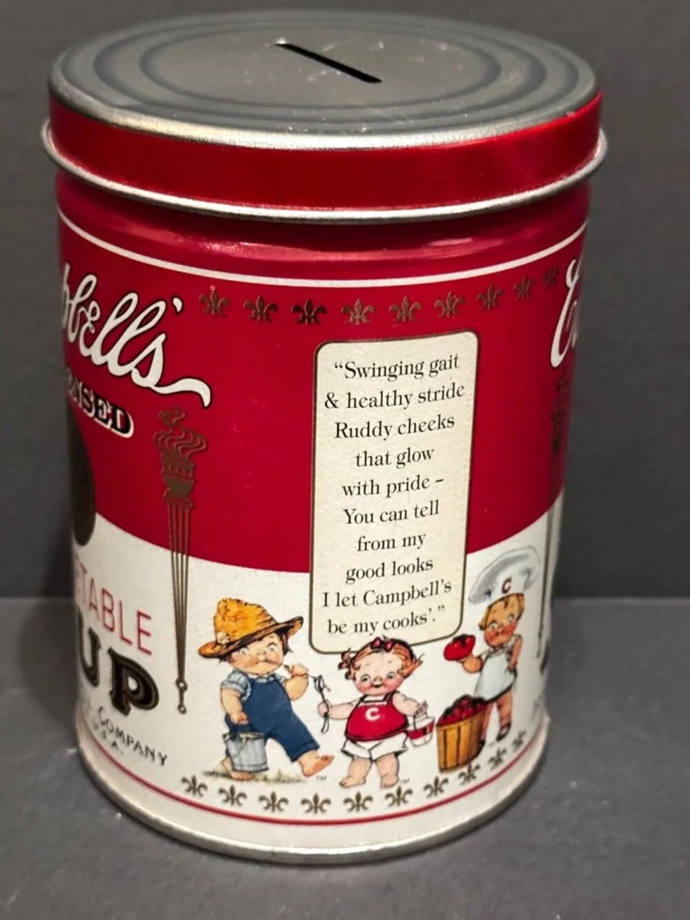Campbell's Vegetable Soup Tin Canister Bank ft. Campbells Kids Vintage ca. 1997